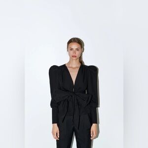 Zara Black Balloon Sleeve Front Bow Tie Jacket – Medium